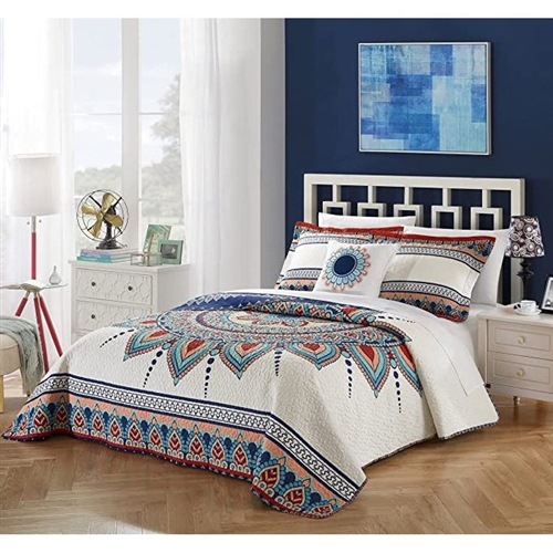 4 Piece Cotton Blue White Boho Geometric Reversible Quilt Set -  Queen