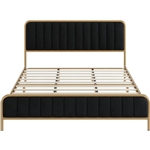 Queen Gold Metal Platform Bed Frame with Black Velvet Upholstered Headboard