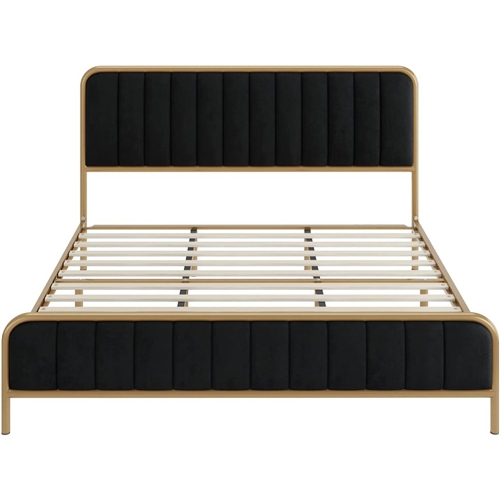 Queen Gold Metal Platform Bed Frame with Black Velvet Upholstered Headboard