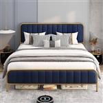 Queen Gold Metal Platform Bed Frame with Navy Blue Velvet Upholstered Headboard