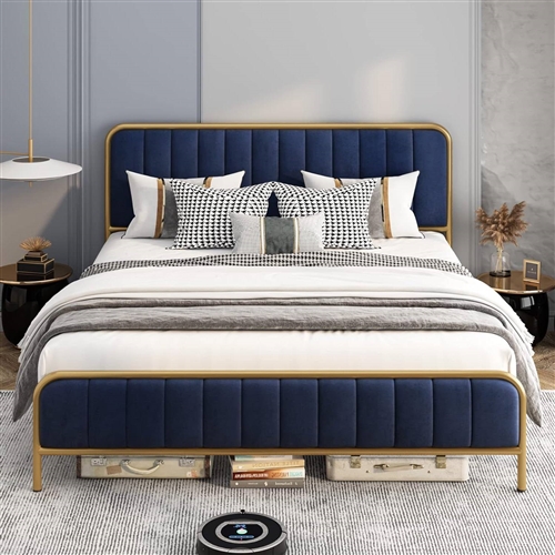 Queen Gold Metal Platform Bed Frame with Navy Blue Velvet Upholstered Headboard