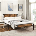 Queen Industrial Wood Metal Platform Bed Frame with Rounded Headboard Footboard