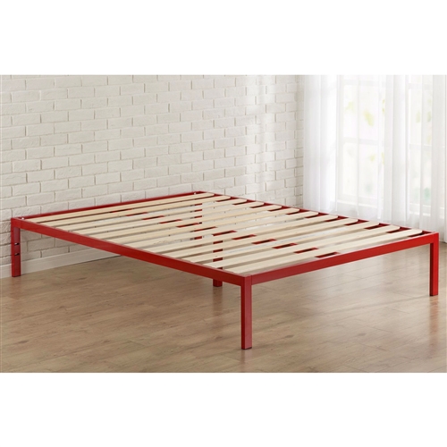 Queen Modern Red Metal Platform Bed Frame with Wooden Slats