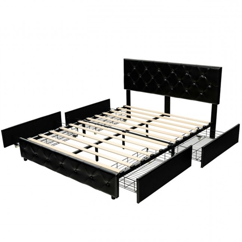 Queen Size Black PU Leather Button Tufted Platform Bed with 4 Storage Drawers