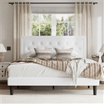 Queen White Linen Upholstered Platform Bed Frame with Button Tufted Headboard