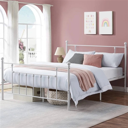 Queen size Vintage Style White Metal Platform Bed Frame with Headboard Footboard