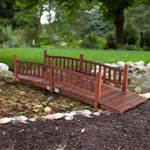 Durable 8-Ft Garden Bridge with Hand Rails in Red Shorea Wood Outdoor