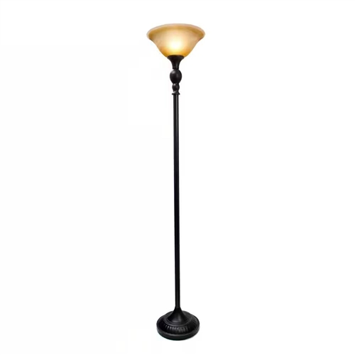 Bronze Finish Metal Floor Lamp Torchiere with Amber Marbleized Glass Shade