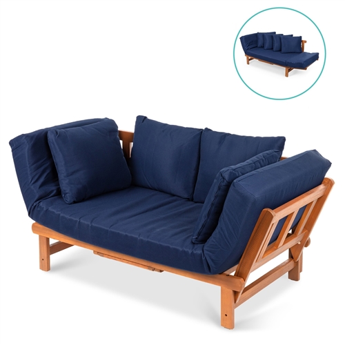 Navy Blue Outdoor Acacia Wood Convertible Sofa with 4 Removable Pillows