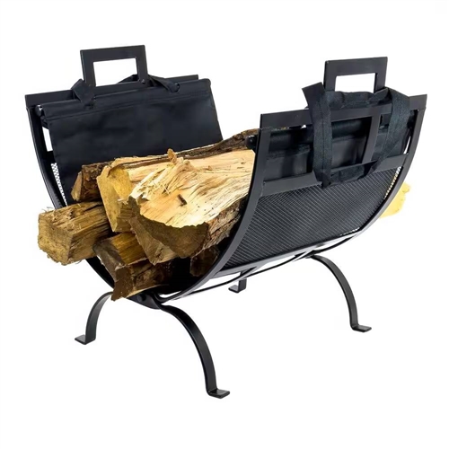 Heavy Duty 17-inch Black Metal Firewood Log Rack with Removable Canvas Tote