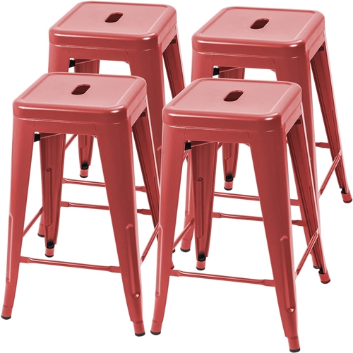 Set of 4 - 24-in. Indoor/Outdoor Backless Stacking Red Metal Barstools