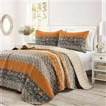 Full/Queen Size Orange Grey Floral Birds Reversible 3 Piece Quilt Set