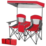Red 2 Seater Folding Camping Canopy Chairs Cup Holder Storage Pocket