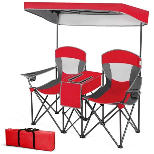 Red 2 Seater Folding Camping Canopy Chairs Cup Holder Storage Pocket