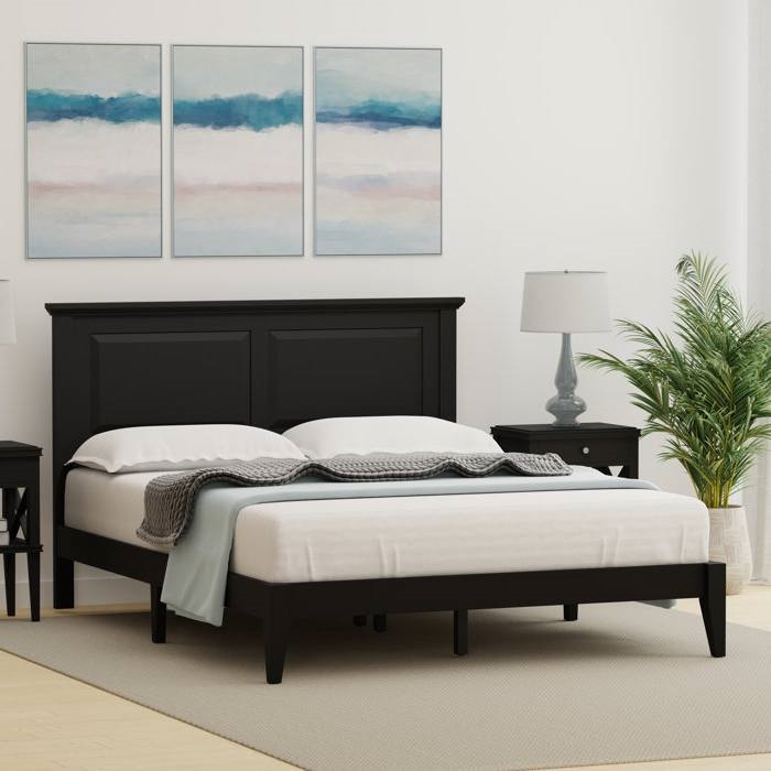 Queen Size Retro Solid Oak Wooden Platform Bed in Black ...