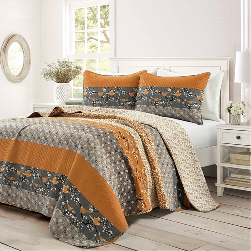 Full/Queen Orange Grey Boho Reversible Lightweight Quilt Set