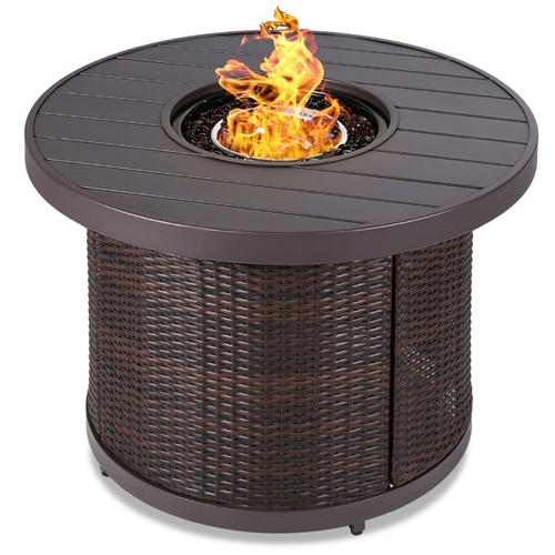 50,000 BTU Brown Wicker Round LP Gas Propane Fire Pit w/ Faux Wood Tabletop and Cover