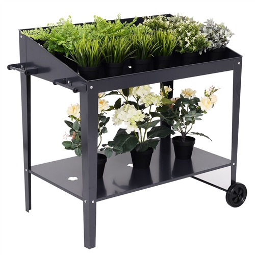 Black Metal Garden Potting Bench with Wheels