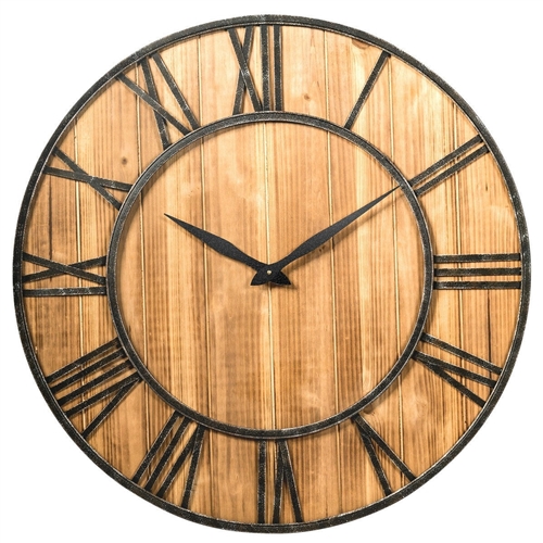 Round Wood 30-inch Roman Numeral Silent Wall Clock