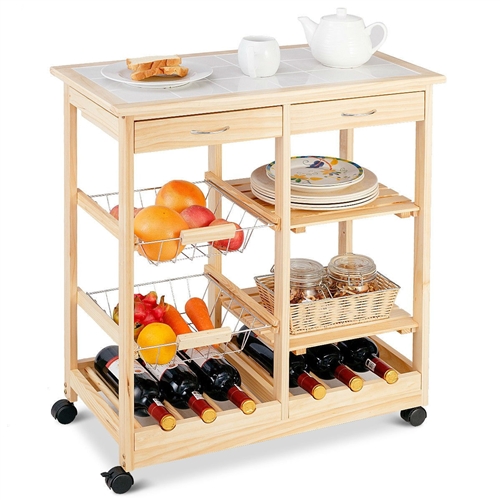 Mobile Wooden Kitchen Cart with Storage Drawers and Wine Rack