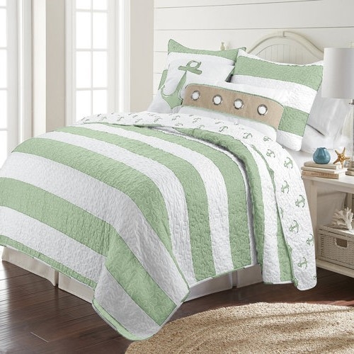 3 Piece Nautical Stripped/Anchors Reversible Microfiber Quilt Set Green, King