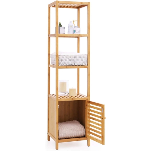 Slim 3-Shelf Bamboo Wood Bookcase Shelving Unit with Bottom Storage Cabinet