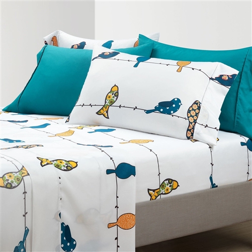 Queen size Teal Yellow White Floral Birds on Wire Soft Polyester 6 Piece Sheet Set