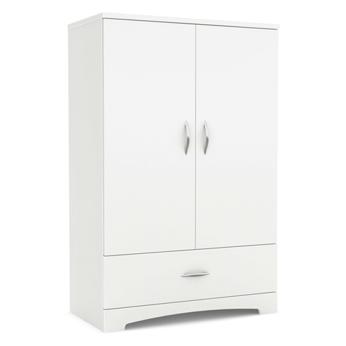 2-Door Armoire Wardrobe Cabinet with Bottom Storage Drawer in White Wood Finish