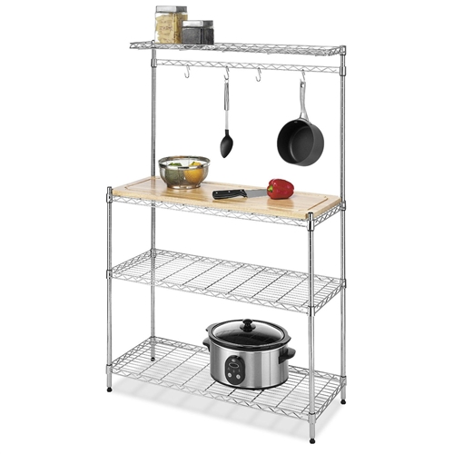 Modern Bakers Rack in Chrome Steel with Removable Wood Cutting Board