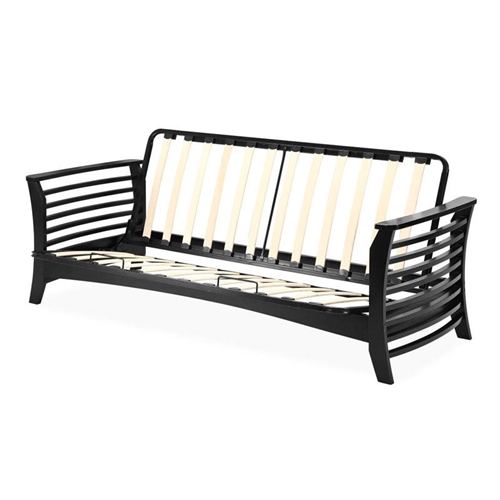 Full size Modern Futon Frame with Flared Hardwood Arms and Slatted Metal Frame
