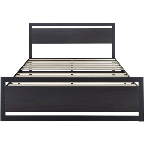 Queen Black Metal Platform Bed Frame with Wood Panel Headboard and Footboard