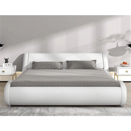 Queen Modern White Faux Leather Upholstered Platform Bed Frame with Headboard
