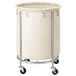 Round 45-Gallon Laundry Basket Hamper w/ Cream Fabric Bag Steel Frame on Wheels
