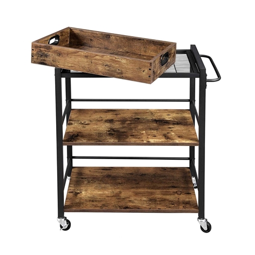 FarmHouse 3 Tier Utility Push Kitchen Serving Cart with Tray on Wheels