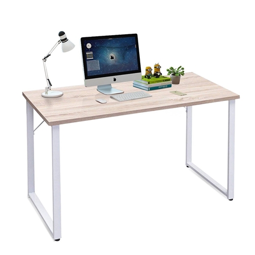 Modern White Metal Frame Laptop Computer Desk with Natural Wood Top