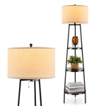 Modern Floor Lamp 3-Tier Bookcase Shelf with Round Drum Linen Lampshade