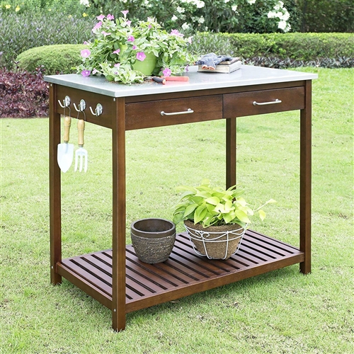 Outdoor Solid Wood Potting Bench Work Table with Galvanized Metal Top