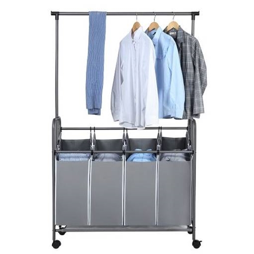 Grey 4-Bag Laundry Cart Hamper with Hanging Garment Rack Bar