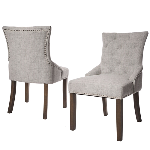 Set of 2 - Traditional Grey Linen Fabric Upholstered Dinging Chair with Nailhead Trim