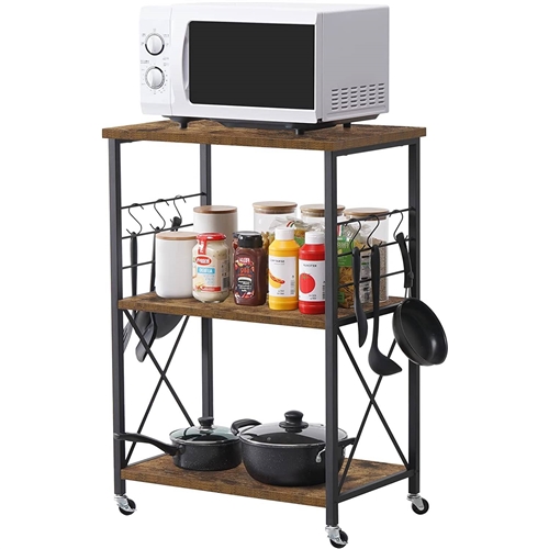 Black Metal Rustic Brown Wood 3-Shelf Kitchen Baker's Rack Microwave Cart