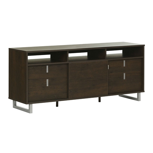 Contemporary TV Stand in Brown Oak Finish and Satin Nickel Metal Legs