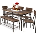 Modern 6-Piece Dining Set with Brown Wood Top Table 4 Chairs and Storage Bench