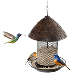 Outdoor Metal Mesh Tube Bird Feeder with Perch and Roof - Squirrel-Resistant