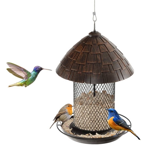 Outdoor Metal Mesh Tube Bird Feeder with Perch and Roof - Squirrel-Resistant