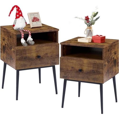 Set of 2 - Mid Century Modern Side Table Nightstand in Brown Black Wood Finish