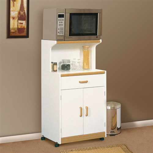 White Microwave Cart with Natural Wood Finish Accents and Sturdy Dual Wheel Casters