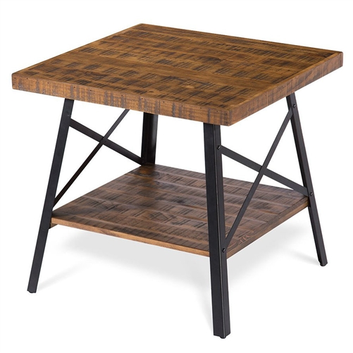 Modern Industrial Solid Wood End Table with Shelf and Metal Legs