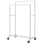 Heavy Duty White Pipe Double-Rod Garment Clothes Rack with Locking Wheels