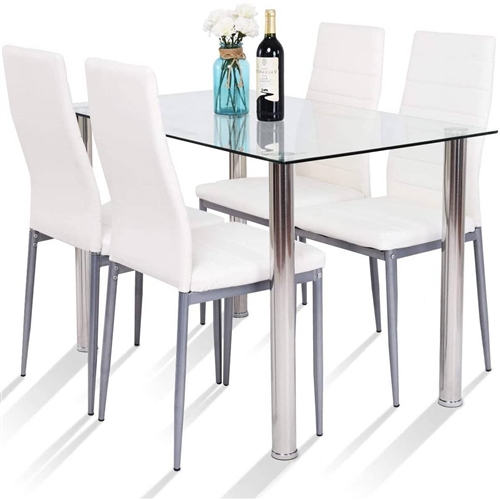 5 Piece Silver/White Tempered Glass Top PVC Leather Chairs Kitchen Dining Set