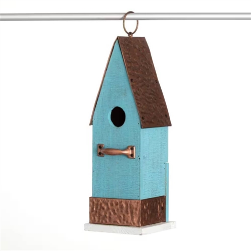 Outdoor Turquoise Blue Wood Bird House with Copper Roof